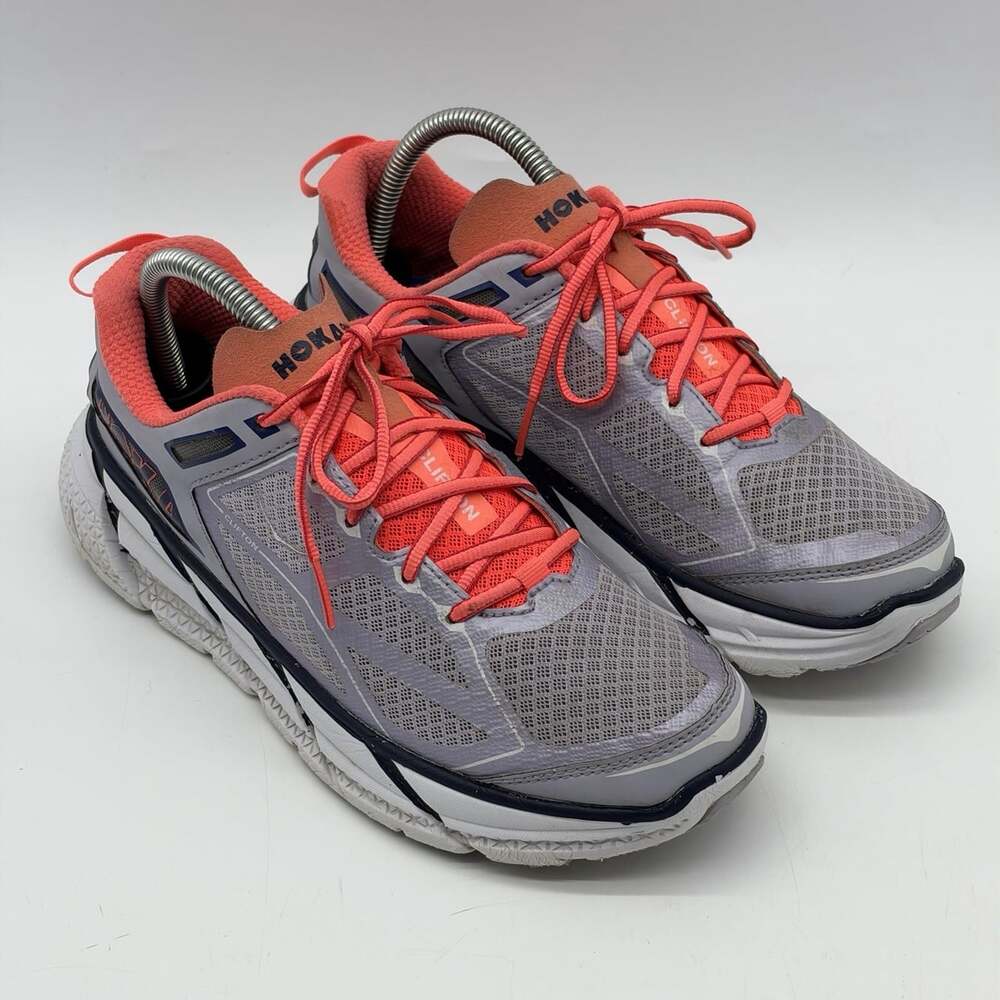 Hoka One One Clifton 1 Gray Orange Mesh Athletic Running Shoes Women's Size 8